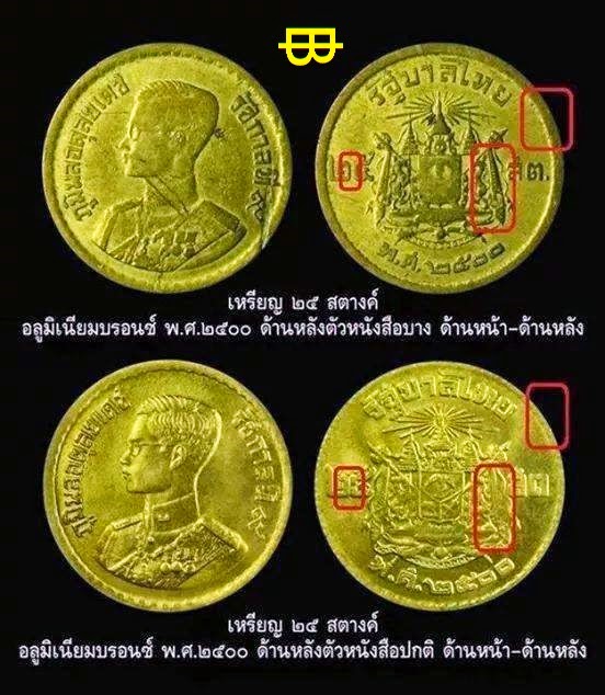 เหรียญกษาปณ์อลูมิเนียมบรอนซ์ราคา เหรียญ ๒๕ สต.พ.ศ.๒๕๐๐ ด้านหลังตัวหนังสือบาง